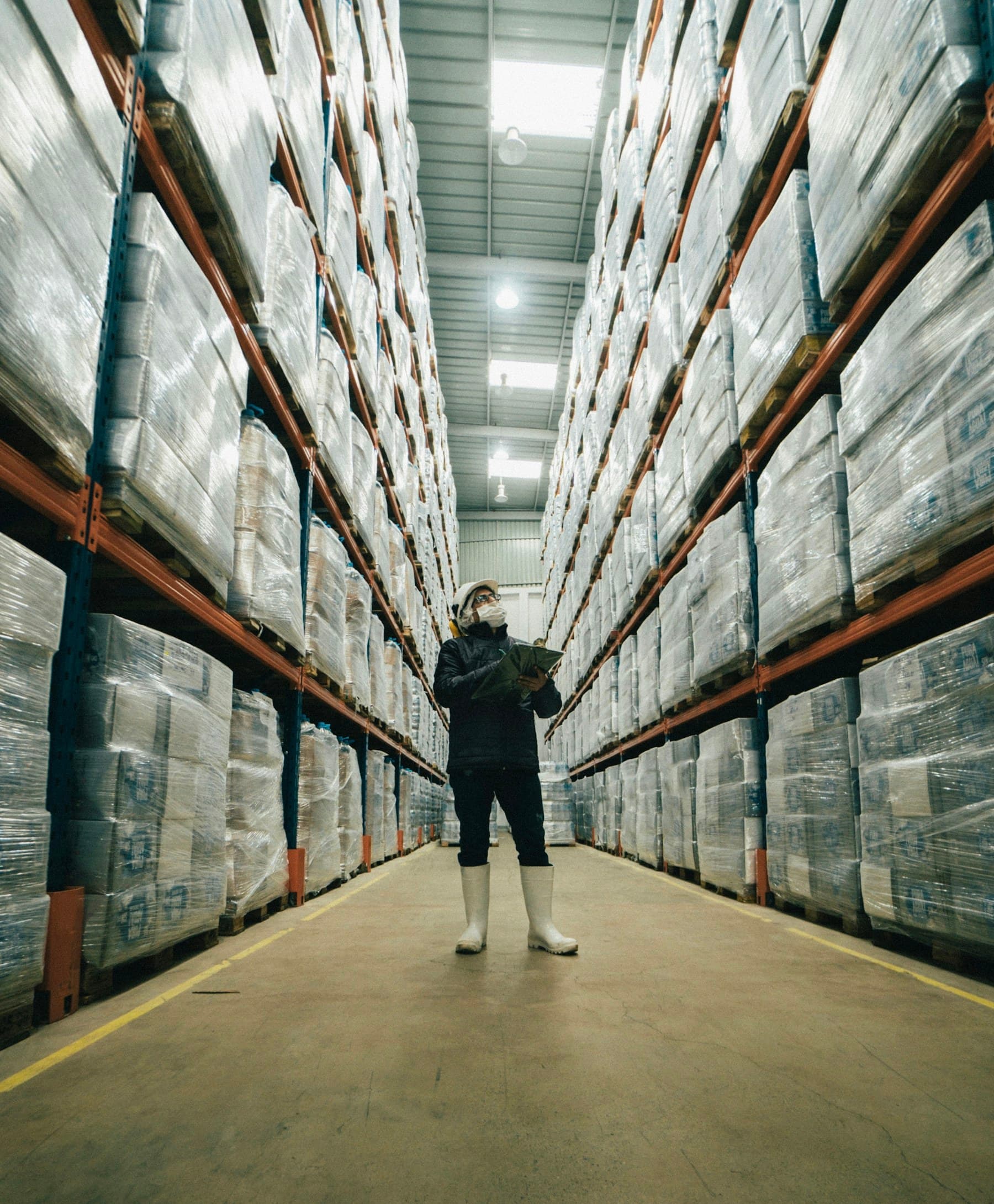 Inventory operator reviewing supplier stock in a warehouse aisle