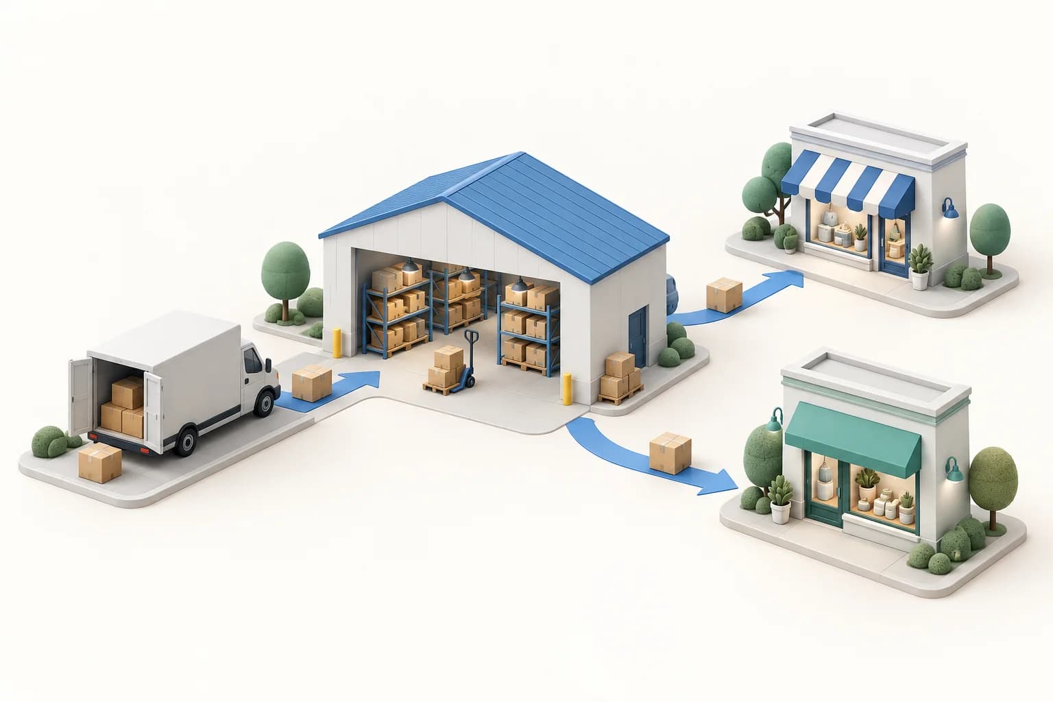 Concept illustration of a supplier delivery entering a central warehouse, then stock moving to two retail stores